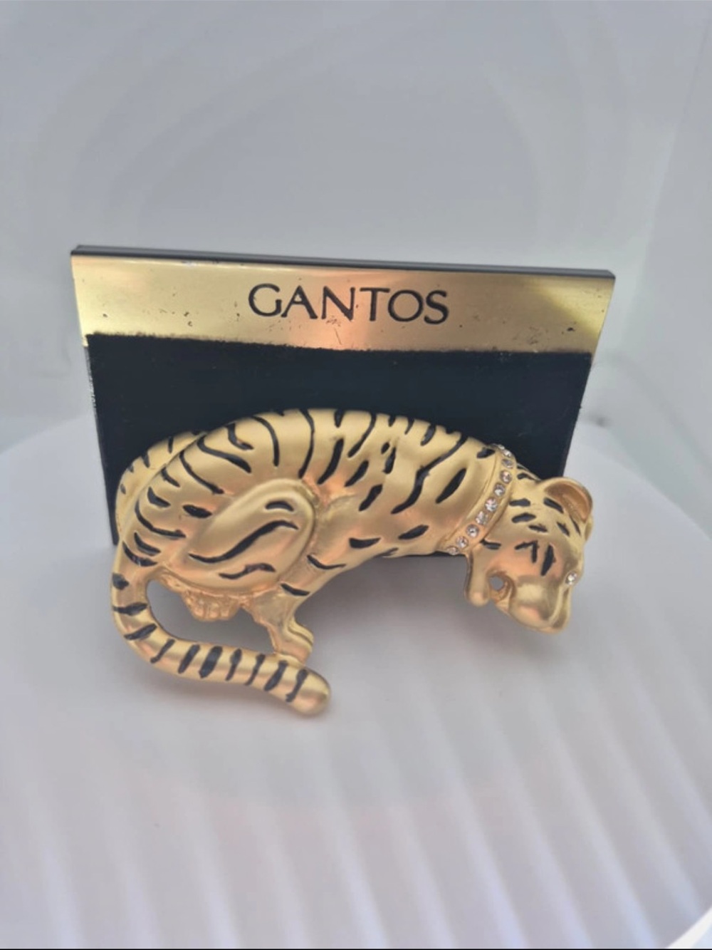 Gantos Vintage Gold Tiger Brooch with Black Stripe Accents and Crystal Collar